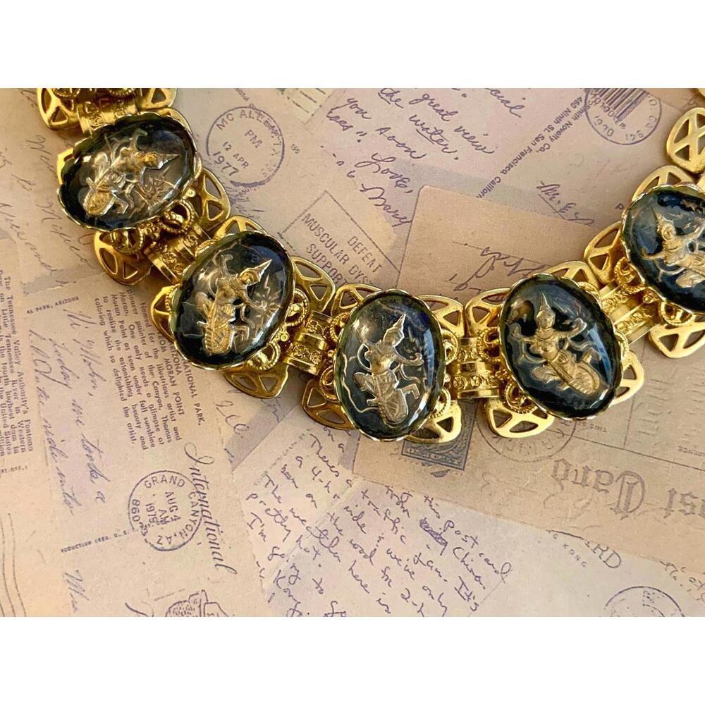 Vintage Black & Gold-Finish Thai Dancer Link Bracelet -Intaglio Cabochon Jewelry - Picture 2 of 6